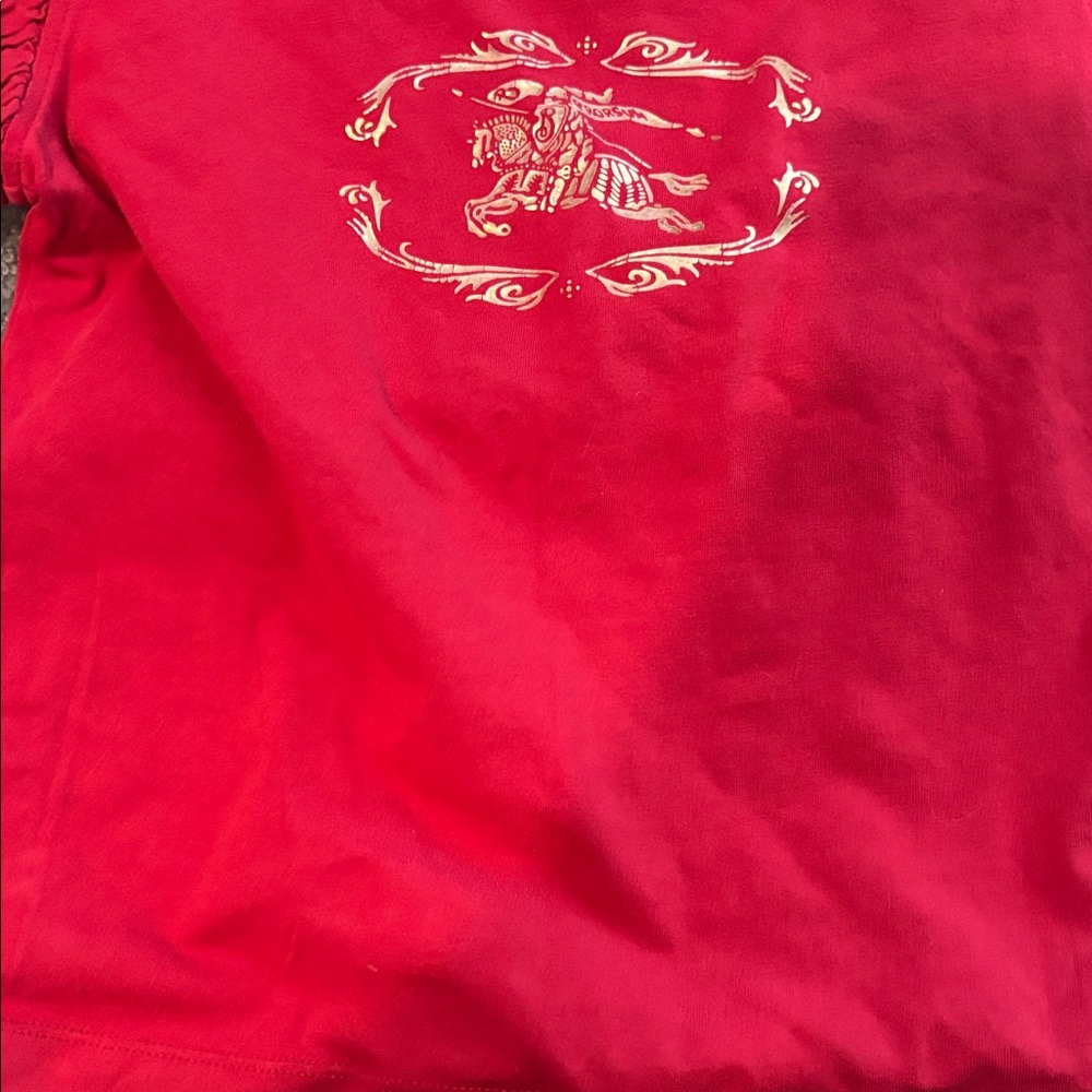 Burberry Red Tee with Gold Cavalry Horse Motif